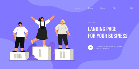 Wall Mural - children winning prizes and standing on podium. flat vector illustration. girls taking first and sec