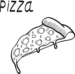 Wall Mural - slice of izza, fast food, vector hand drawn illustration on brigt background. Concept for logo, menu, cards