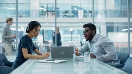 Aufkleber - Multiethnic Diverse Office Conference Room Meeting: Team of Two Creative Entrepreneurs Talk, Discuss Growth Strategy. Stylish Young Businesspeople work on Investment in Real Estate and Commodities.