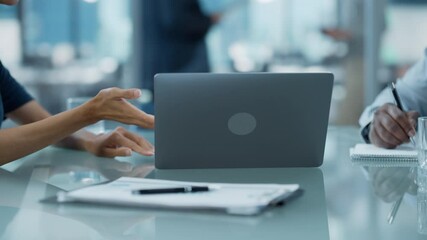Poster - Close Up Footage: Multiethnic Office Conference Room Meeting: Team of Two Creative Entrepreneurs Talk, Discuss Growth Strategy. Stylish Businesspeople work on Investment in Real Estate and Commodities