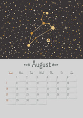 Wall Mural - Vector vertical August 2022 calendar with golden zodiac constellation and stars on a black background. A3, A2 poster with horoscope Leo sign. Planner with linear illustration and dates of one month