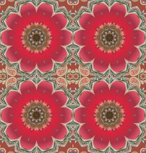 Seamless Vector Fabric Print With Bright Burgundy Red Open Tulips In Mandala Shape And Paisley Pattern. Yoga Mat. Oriental Motives.
