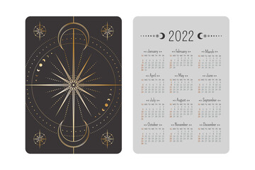 Wall Mural - Vector tarot pocket year 2022 calendar with magical shining golden linear star, crescents and moon phases. Two-sided card template with mystic outline illustration in boho style