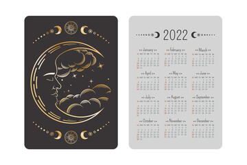 Wall Mural - vector tarot pocket year 2022 calendar with magical ornate golden linear crescent with a sleeping fa