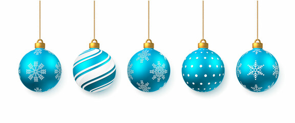 Wall Mural - Blue shiny glowing Christmas balls. Xmas glass ball. Holiday decoration template. Vector illustration