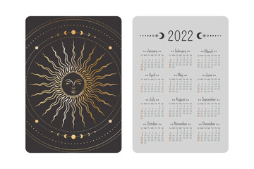Wall Mural - Vector tarot pocket year 2022 calendar with magical shining golden linear sun with a sleeping face and concentric circles. Two-sided card template with mystic outline illustration in boho style
