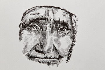 Old face - illustration. Detailed close-up drawing of an old woman's face drawn by a liner. Old thoughtful face.