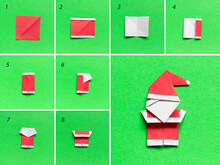 Step By Step Photo Instruction How To Make Origami Paper Santa Pants. Simple Diy Kids Children's Concept.