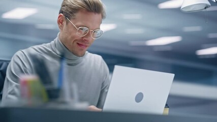 Aufkleber - 360 Degree Office: Handsome Businessman Sitting at Desk Using Laptop Computer. Digital Entrepreneur working with Big Data Digital e-Commerce Project Statistics. Tracking Shot. Camera Moving Around