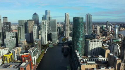 Wall Mural - Aerial panoramic view of the Canary Wharf business district in London, UK. Financial district in London.