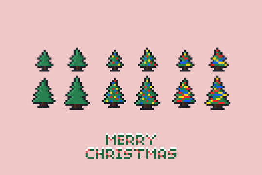 Vector pixel art illustration holiday set of Pixel art Merry Christmas tree. Flat design 8 bit outline illustration on light background