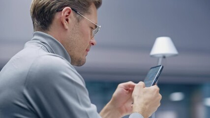 Poster - Office 360 Degree: Portrait of Creative Businessman Sitting at His Desk Using Smartphone. Digital Entrepreneur Using Mobile Phone, Internet e-Commerce Online Shopping. Tracking Moving Around Shot