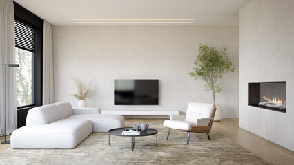 Wall Mural - Interior of modern living room with fireplace 3D rendering