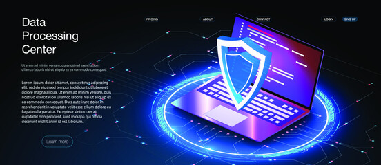 Poster - Network data security isometric. Online server protection system concept with data center or blockchain. Cyber security, data protection, cyberattacks concept on blue background. Database security