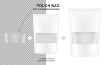 Pouch Bags With Transparent Window Mockups On White Background. With The Transparent Window And Screen Mode Overlay, It's Easy To Make A Realistic Mockup Of Your Product. Vector Illustration. EPS10.