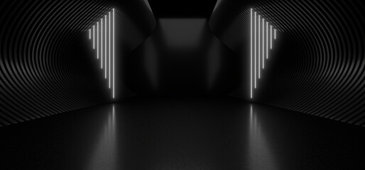 Fototapete - A dark tunnel lit by white neon lights. Reflections on the floor and walls. 3d rendering image.