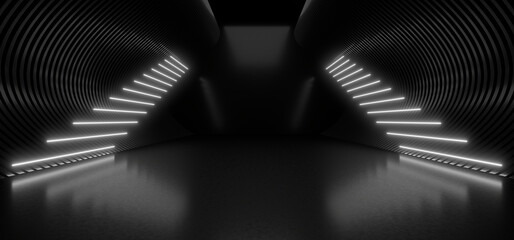 Fototapete - A dark tunnel lit by white neon lights. Reflections on the floor and walls. 3d rendering image.