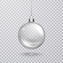 Christmas Tree Empty Ball With Silver Ribbon Isolated On Transparent Background. Vector Translucent Clear Glass Xmas Bauble And Shadow Template