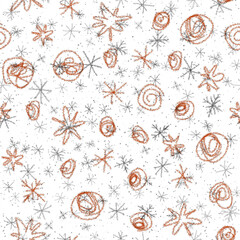 Hand Drawn Snowflakes Christmas Seamless Pattern. Subtle Flying Snow Flakes on chalk snowflakes Background. Astonishing chalk handdrawn snow overlay. Pleasant holiday season decoration.