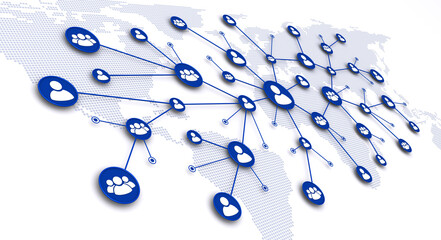 通信ネットワーと世界地図、ソーシャルネットワークのコンセプトイメージ