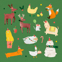 Sticker - Cute Christmas animals element set vector