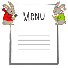 Two funny bunny in a red and green jacket and red and pink striped scarf with drink and shawarma. Hand-drawn doodle illustration. Menu.