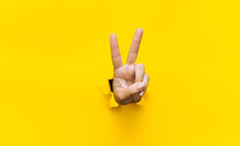 Victory Sign Two-finger Hand Gesture On Yellow Background With Torn Paper Hole And Copy Space. It Is Ok Concept.