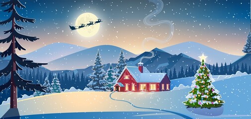 Wall Mural - Winter snow landscape and house