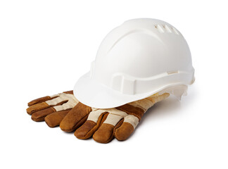 Wall Mural - Safety hardhat and work gloves isolated on white background