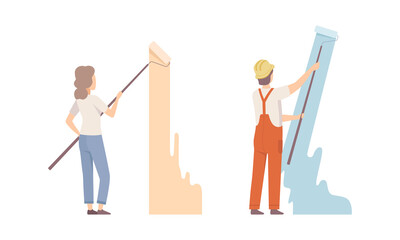 Poster - Male and Female Coloring Wall with Paint Roller Vector Set