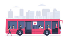 City Bus With Passengers In Medical Masks Against The Background Of An Abstract Cityscape. Vector Illustration.