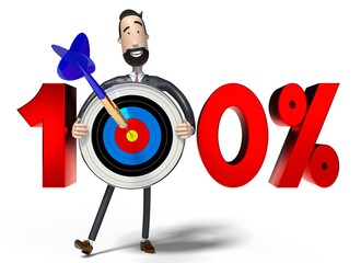 Sticker - Hipster cartoon businessman holding dartboard - 100% concept - 3D illustration