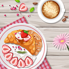 Wall Mural - Croissant with strawberry topping and a cup of coffee on the table