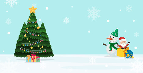 Poster - Christmas tree and cute santa claus with snow falling background