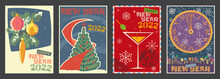Happy New Year 2022 Season's Greetings! Retro Winter Holidays Postcards Style Illustrations, Christmas Tree, Decorations, Cocktail Glass, Clock Face, Snowflakes