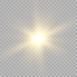 © MAKSYM - Yellow glowing explosion explosion with transparent. Vector illustration for decoration. A bright star, a flash of the sun. Glare texture. Vector
