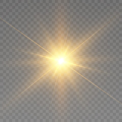 Poster - Yellow glowing explosion explosion with transparent. Vector illustration for decoration. A bright star, a flash of the sun. Glare texture. Vector