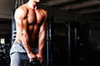 © ARVD73 - Fit young man lifting a dumbbell,weight during an exercise class in a gym.Copy space,dark blur background.Toned.