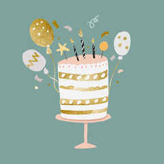 Sticker - Birthday cake sticker, cute gold and pastel vector