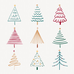 Christmas doodle sticker, cute tree and animal illustration in red and green vector set