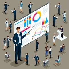 Poster - Isometric 3d businessman. Big man small workers and subordinates, training, coaching. Businessmen front and back view. Masked characters during the pandemic