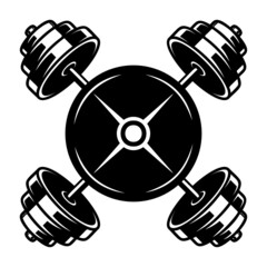 Illustration of crossed gym barbells in vintage monochrome style. Design element for logo, label, sign, emblem, poster. Vector illustration
