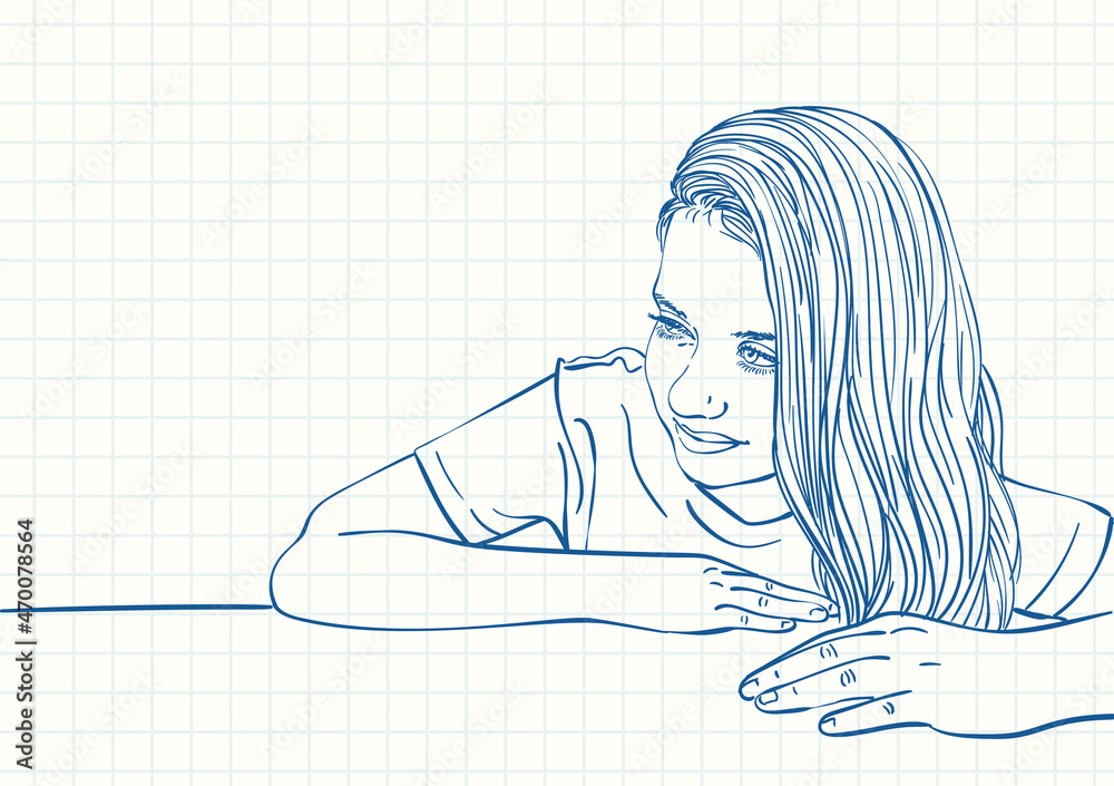 Beautiful shy preteen girl portrait with long hair on one side sitting ...