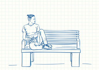 Wall Mural - Man sitting on bench with feet up and hipster haircut, Blue pen sketch on square grid notebook page, Hand drawn vector linear illustration