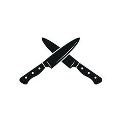 The two knives are crossed with each other. Black silhouette of two knives. Concept: culinary battle, duel in the kitchen. Vector illustration, flat minimal cartoon dark design isolated.