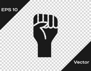 Sticker - Black Raised hand with clenched fist icon isolated on transparent background. Protester raised fist at a political demonstration. Empowerment. Vector