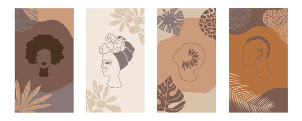 african background.vector set of posters with afro woman in minimalistic style. plants, abstract sha