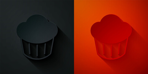 Poster - Paper cut Cupcake icon isolated on black and red background. Paper art style. Vector