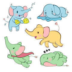 Wall Mural - Emotional sticker set with cute elefant in different colors. Kawaii style. Cartoon emoji sticker with elefants in different moods. Vector illustration.