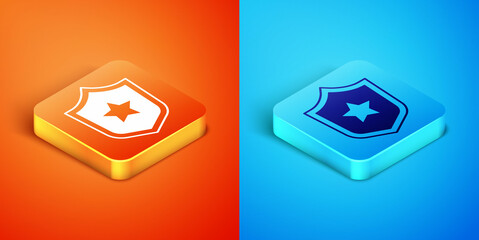 Poster - Isometric Police badge icon isolated on orange and blue background. Sheriff badge sign. Shield with star symbol. Vector